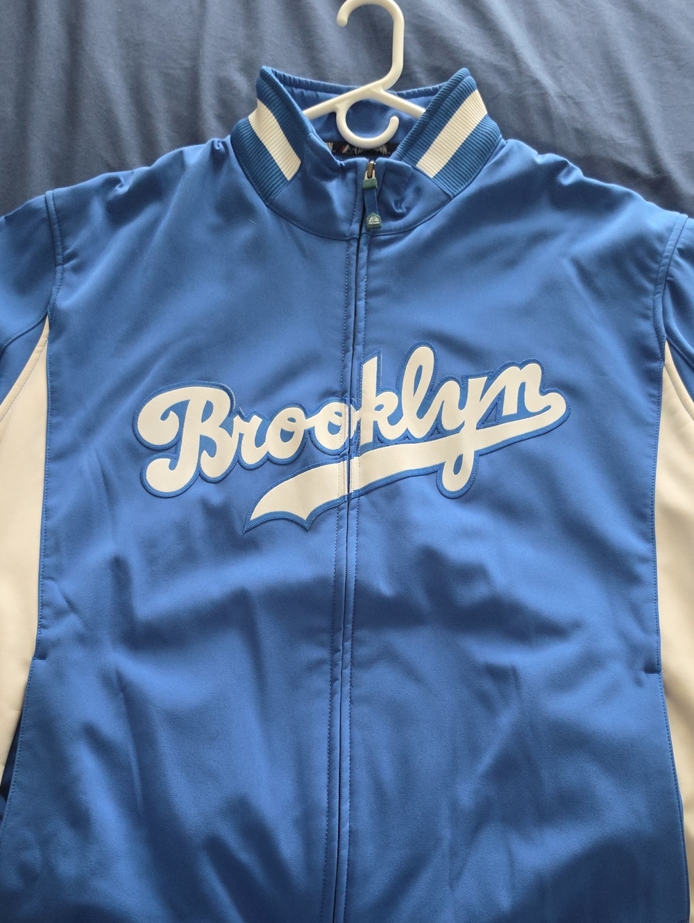 Brooklyn Script Blue Bomber Jacket with White Accents